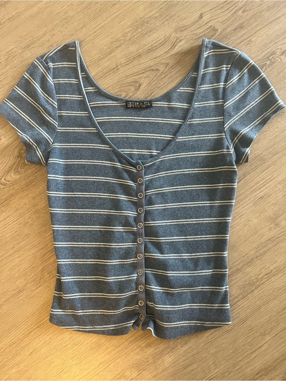 Cotton On Navy and White Striped Button-Front V-Neck Top